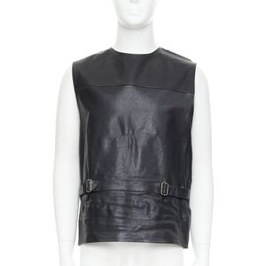 rare PRADA 2023 Runway Raf Simons Vitello black leather buckle vest IT48 M